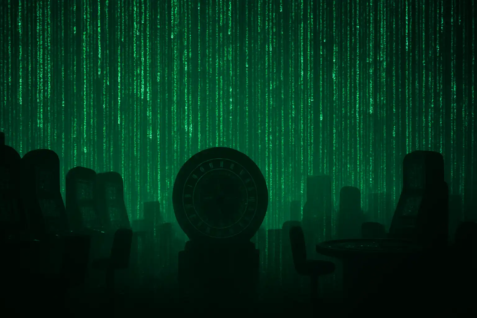 Matrix-style digital casino floor glowing in green code rain