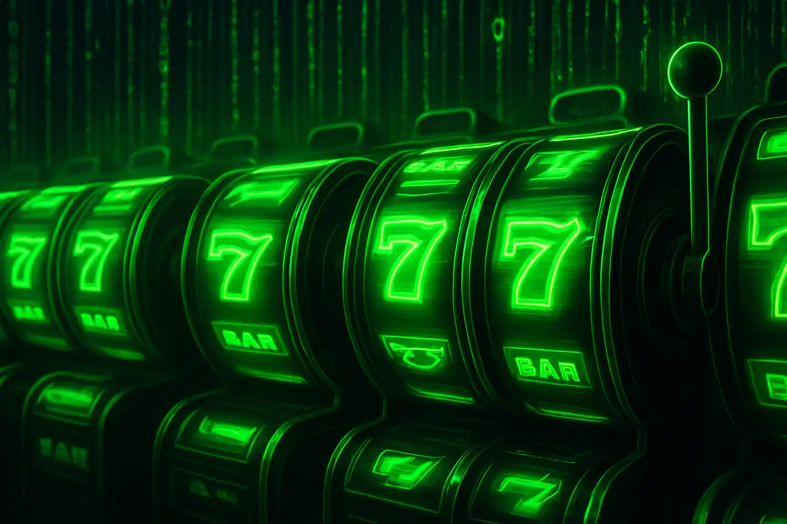 Rulli di slot verde neon che girano su uno sfondo digitale in stile matrix